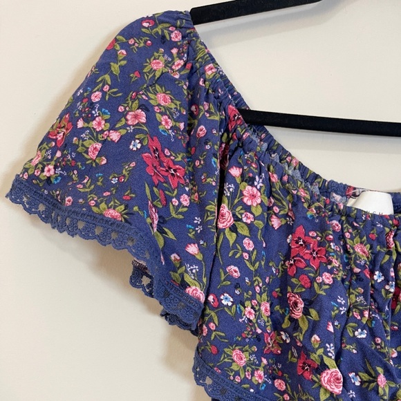 French Grey Womens Dress Size Small Blue Floral Open Back Eyelet Cottage Prairie - Picture 6 of 11